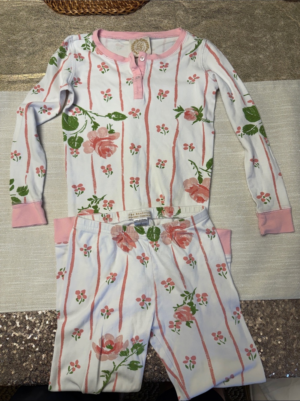 The Beaufort Bonnet Company White Pink and Green Floral Stripe Pajama Set